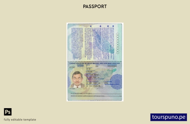 Plantilla de pasaporte del Reino Unido lista para imprimir en formato PSD, plant